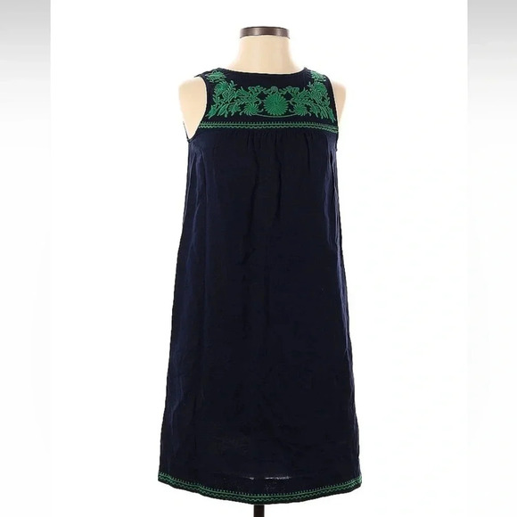 J. Crew Navy & Green Linen Embroidered Sleeveless Shift Dress Size XXS - Picture 2 of 4